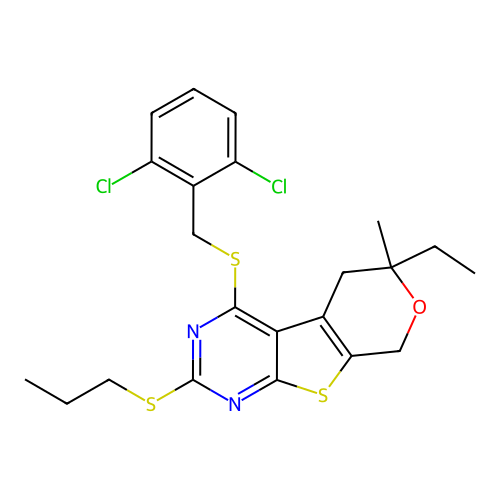 4-((2,6-dichlorobenzyl)thio)-6-ethyl-6-methyl-2-(propylthio)-6,8-dihydro-5H-pyrano[4',3':4,5]thieno[2,3-d]pyrimidine structure