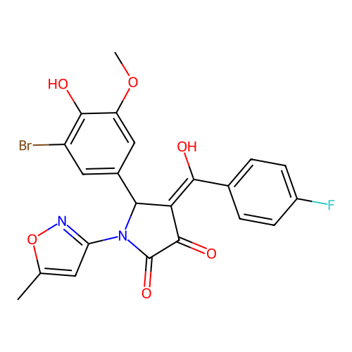 (4E)-5-(3-bromo-4-hydroxy-5-methoxyphenyl)-4-[(4-fluorophenyl)(hydroxy)methylidene]-1-(5-methyl-1,2-oxazol-3-yl)pyrrolidine-2,3-dione structure