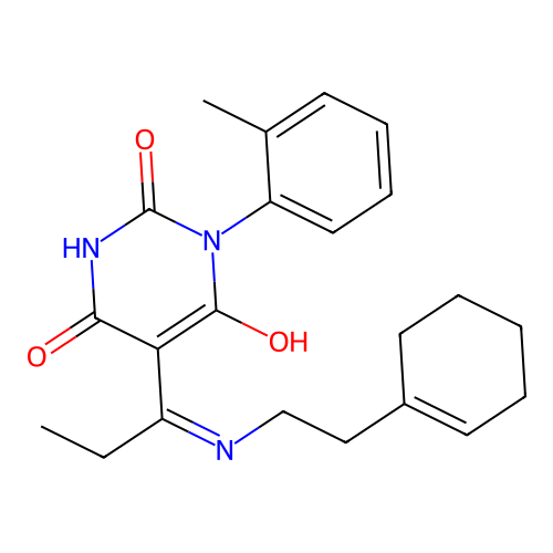 (5E)-5-(1-{[2-(cyclohex-1-en-1-yl)ethyl]amino}propylidene)-6-hydroxy-3-(2-methylphenyl)pyrimidine-2,4(3H,5H)-dione structure