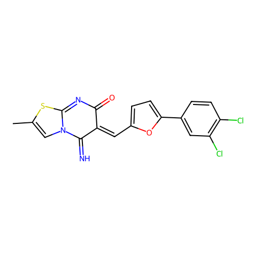 (Z)-6-((5-(3,4-dichlorophenyl)furan-2-yl)methylene)-5-imino-2-methyl-5H-thiazolo[3,2-a]pyrimidin-7(6H)-one structure