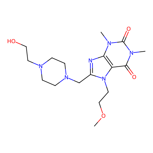 8-((4-(2-hydroxyethyl)piperazin-1-yl)methyl)-7-(2-methoxyethyl)-1,3-dimethyl-1H-purine-2,6(3H,7H)-dione structure