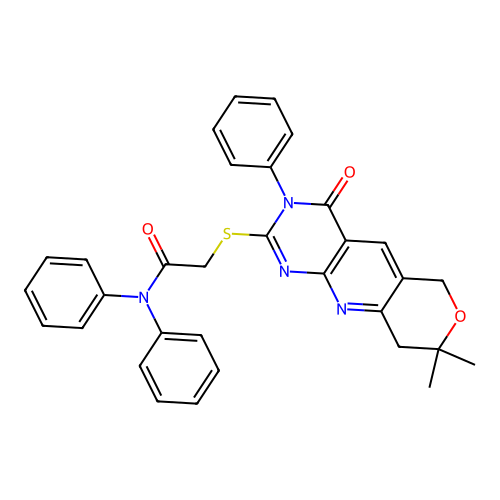2-((8,8-dimethyl-4-oxo-3-phenyl-4,6,8,9-tetrahydro-3H-pyrano[3',4':5,6]pyrido[2,3-d]pyrimidin-2-yl)thio)-N,N-diphenylacetamide structure