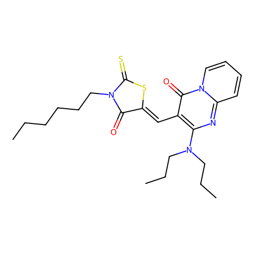 2-(dipropylamino)-3-[(Z)-(3-hexyl-4-oxo-2-thioxo-1,3-thiazolidin-5-ylidene)methyl]-4H-pyrido[1,2-a]pyrimidin-4-one structure