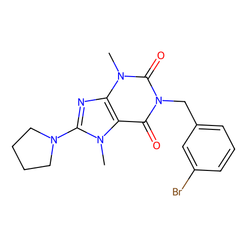 1-(3-bromobenzyl)-3,7-dimethyl-8-(pyrrolidin-1-yl)-1H-purine-2,6(3H,7H)-dione structure