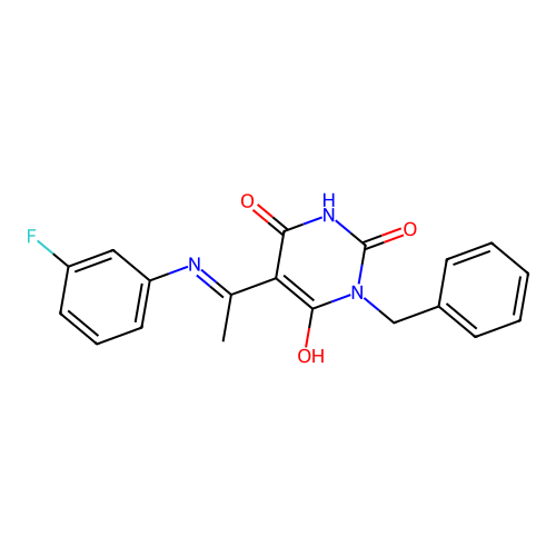 1-benzyl-5-[1-(3-fluoroanilino)ethylidene]-1,3-diazinane-2,4,6-trione structure