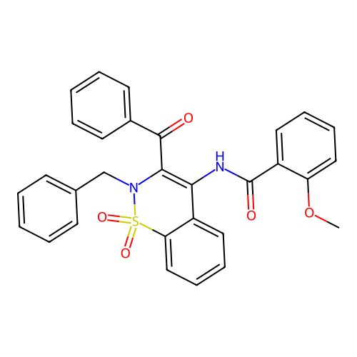N-(3-benzoyl-2-benzyl-1,1-dioxido-2H-1,2-benzothiazin-4-yl)-2-methoxybenzamide structure