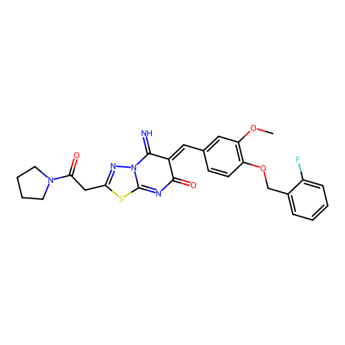 (Z)-6-(4-((2-fluorobenzyl)oxy)-3-methoxybenzylidene)-5-imino-2-(2-oxo-2-(pyrrolidin-1-yl)ethyl)-5H-[1,3,4]thiadiazolo[3,2-a]pyrimidin-7(6H)-one structure