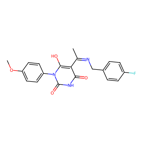 (E)-5-(1-((4-fluorobenzyl)amino)ethylidene)-1-(4-methoxyphenyl)pyrimidine-2,4,6(1H,3H,5H)-trione structure