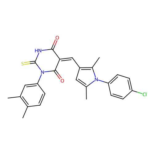 (5Z)-5-[[1-(4-chlorophenyl)-2,5-dimethylpyrrol-3-yl]methylidene]-1-(3,4-dimethylphenyl)-2-sulfanylidene-1,3-diazinane-4,6-dione structure