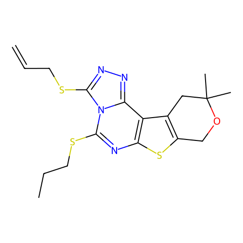 10,10-dimethyl-3-(prop-2-en-1-ylsulfanyl)-5-(propylsulfanyl)-10,11-dihydro-8H-pyrano[4',3':4,5]thieno[3,2-e][1,2,4]triazolo[4,3-c]pyrimidine structure