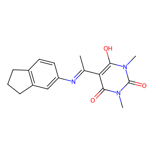 5-(1-((2,3-dihydro-1H-inden-5-yl)amino)ethylidene)-1,3-dimethylpyrimidine-2,4,6(1H,3H,5H)-trione structure