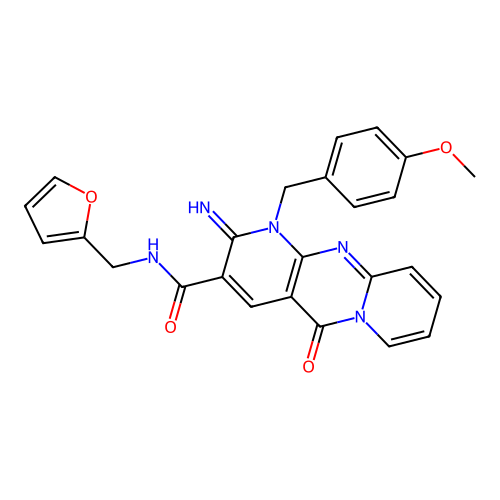 N-[(furan-2-yl)methyl]-6-imino-7-[(4-methoxyphenyl)methyl]-2-oxo-1,7,9-triazatricyclo[8.4.0.0^{3,8}]tetradeca-3(8),4,9,11,13-pentaene-5-carboxamide structure