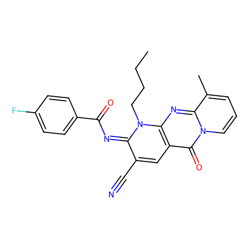 (E)-N-(1-butyl-3-cyano-10-methyl-5-oxo-1H-dipyrido[1,2-a:2',3'-d]pyrimidin-2(5H)-ylidene)-4-fluorobenzamide structure