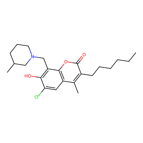 6-chloro-3-hexyl-7-hydroxy-4-methyl-8-((3-methylpiperidin-1-yl)methyl)-2H-chromen-2-one structure