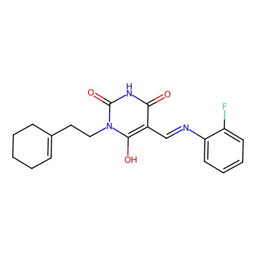 1-[2-(cyclohexen-1-yl)ethyl]-5-[(2-fluoroanilino)methylidene]-1,3-diazinane-2,4,6-trione structure
