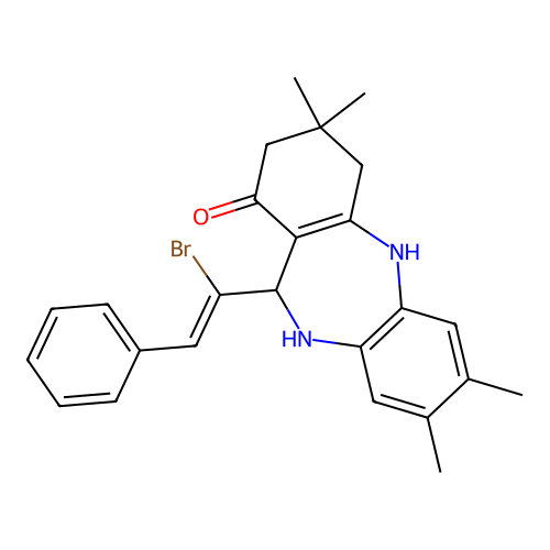 (Z)-11-(1-bromo-2-phenylvinyl)-3,3,7,8-tetramethyl-2,3,4,5,10,11-hexahydro-1H-dibenzo[b,e][1,4]diazepin-1-one structure
