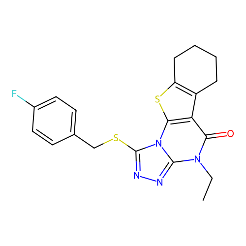 4-ethyl-1-((4-fluorobenzyl)thio)-6,7,8,9-tetrahydrobenzo[4,5]thieno[3,2-e][1,2,4]triazolo[4,3-a]pyrimidin-5(4H)-one structure