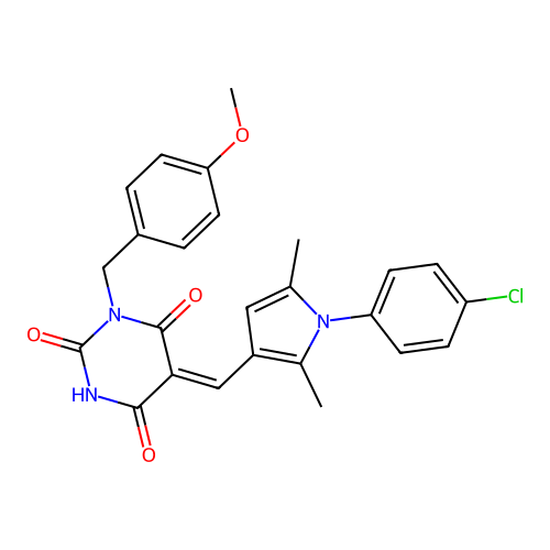 (5Z)-5-[[1-(4-chlorophenyl)-2,5-dimethylpyrrol-3-yl]methylidene]-1-[(4-methoxyphenyl)methyl]-1,3-diazinane-2,4,6-trione structure