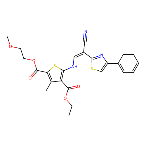 (Z)-4-ethyl 2-(2-methoxyethyl) 5-((2-cyano-2-(4-phenylthiazol-2-yl)vinyl)amino)-3-methylthiophene-2,4-dicarboxylate structure