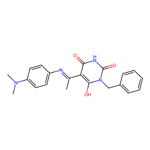 (E)-1-benzyl-5-(1-((4-(dimethylamino)phenyl)amino)ethylidene)pyrimidine-2,4,6(1H,3H,5H)-trione structure