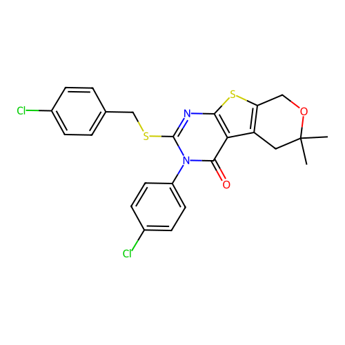 2-((4-chlorobenzyl)thio)-3-(4-chlorophenyl)-6,6-dimethyl-5,6-dihydro-3H-pyrano[4',3':4,5]thieno[2,3-d]pyrimidin-4(8H)-one structure