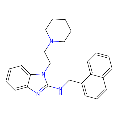 N-(naphthalen-1-ylmethyl)-1-[2-(piperidin-1-yl)ethyl]-1H-benzimidazol-2-amine structure