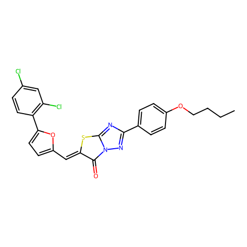 (Z)-2-(4-butoxyphenyl)-5-((5-(2,4-dichlorophenyl)furan-2-yl)methylene)thiazolo[3,2-b][1,2,4]triazol-6(5H)-one structure