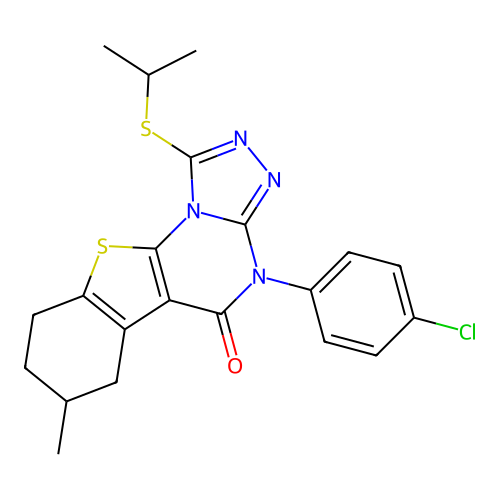 4-(4-chlorophenyl)-1-(isopropylthio)-7-methyl-6,7,8,9-tetrahydrobenzo[4,5]thieno[3,2-e][1,2,4]triazolo[4,3-a]pyrimidin-5(4H)-one structure