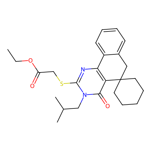 ethyl 2-((3-isobutyl-4-oxo-4,6-dihydro-3H-spiro[benzo[h]quinazoline-5,1'-cyclohexan]-2-yl)thio)acetate structure