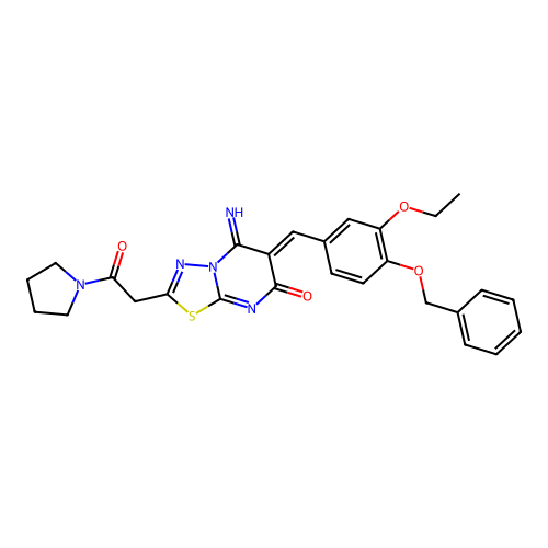 (Z)-6-(4-(benzyloxy)-3-ethoxybenzylidene)-5-imino-2-(2-oxo-2-(pyrrolidin-1-yl)ethyl)-5H-[1,3,4]thiadiazolo[3,2-a]pyrimidin-7(6H)-one structure