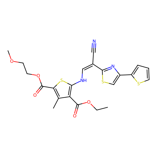 (Z)-4-ethyl 2-(2-methoxyethyl) 5-((2-cyano-2-(4-(thiophen-2-yl)thiazol-2-yl)vinyl)amino)-3-methylthiophene-2,4-dicarboxylate structure