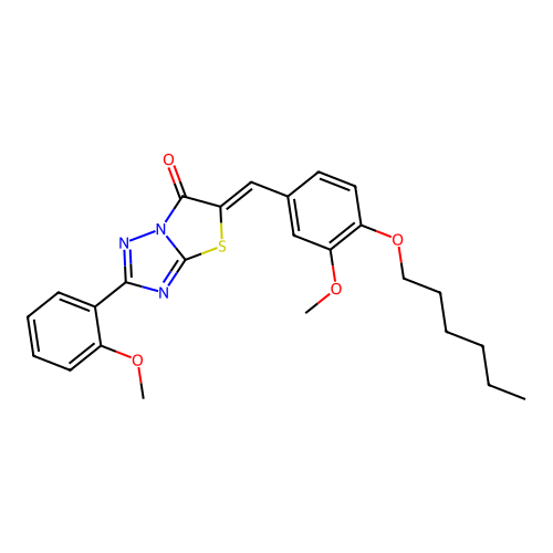 (5Z)-5-[4-(hexyloxy)-3-methoxybenzylidene]-2-(2-methoxyphenyl)[1,3]thiazolo[3,2-b][1,2,4]triazol-6(5H)-one structure