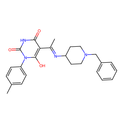(5E)-5-[1-[(1-benzylpiperidin-4-yl)amino]ethylidene]-1-(4-methylphenyl)-1,3-diazinane-2,4,6-trione structure