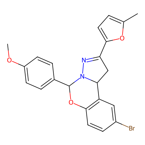 9-bromo-5-(4-methoxyphenyl)-2-(5-methylfuran-2-yl)-1,10b-dihydropyrazolo[1,5-c][1,3]benzoxazine structure