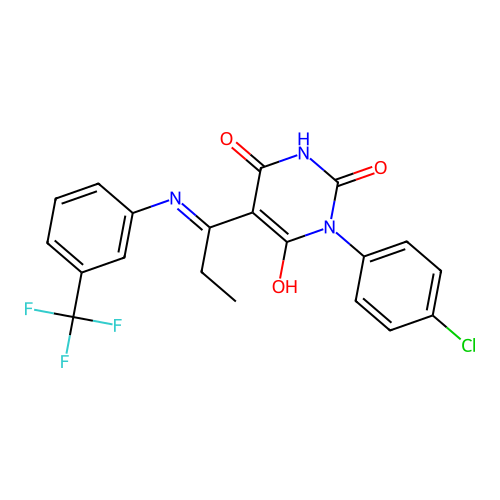 (E)-1-(4-chlorophenyl)-5-(1-((3-(trifluoromethyl)phenyl)amino)propylidene)pyrimidine-2,4,6(1H,3H,5H)-trione structure