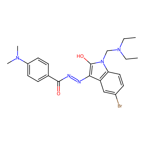 N-[[5-bromo-1-(diethylaminomethyl)-2-oxo-indol-3-ylidene]amino]-4-dimethylamino-benzamide structure