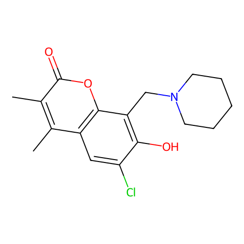 6-chloro-7-hydroxy-3,4-dimethyl-8-(piperidin-1-ylmethyl)-2H-chromen-2-one structure