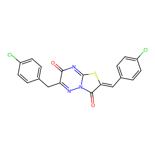 (Z)-6-(4-chlorobenzyl)-2-(4-chlorobenzylidene)-2H-thiazolo[3,2-b][1,2,4]triazine-3,7-dione structure