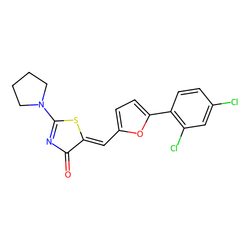 (Z)-5-((5-(2,4-dichlorophenyl)furan-2-yl)methylene)-2-(pyrrolidin-1-yl)thiazol-4(5H)-one structure