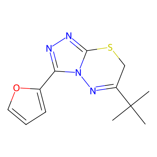 6-tert-butyl-3-(furan-2-yl)-7H-[1,2,4]triazolo[3,4-b][1,3,4]thiadiazine structure