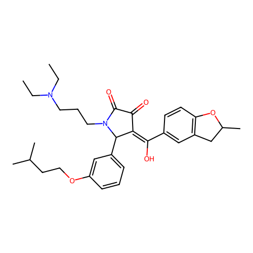 (4E)-1-[3-(diethylamino)propyl]-4-[hydroxy-(2-methyl-2,3-dihydro-1-benzofuran-5-yl)methylidene]-5-[3-(3-methylbutoxy)phenyl]pyrrolidine-2,3-dione structure