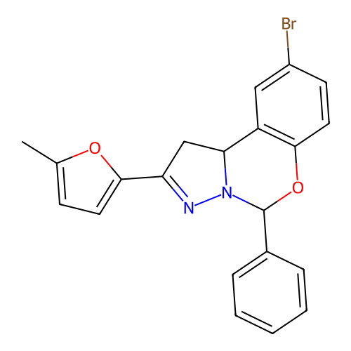 9-bromo-2-(5-methylfuran-2-yl)-5-phenyl-1,10b-dihydropyrazolo[1,5-c][1,3]benzoxazine structure