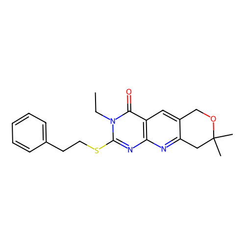 3-ethyl-8,8-dimethyl-2-(phenethylthio)-8,9-dihydro-3H-pyrano[3',4':5,6]pyrido[2,3-d]pyrimidin-4(6H)-one structure