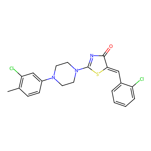 (5Z)-2-[4-(3-chloro-4-methylphenyl)piperazin-1-yl]-5-[(2-chlorophenyl)methylidene]-1,3-thiazol-4-one structure