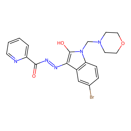 (Z)-N'-(5-bromo-1-(morpholinomethyl)-2-oxoindolin-3-ylidene)picolinohydrazide structure