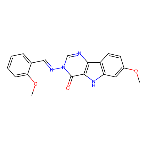 (E)-7-methoxy-3-((2-methoxybenzylidene)amino)-3H-pyrimido[5,4-b]indol-4(5H)-one structure