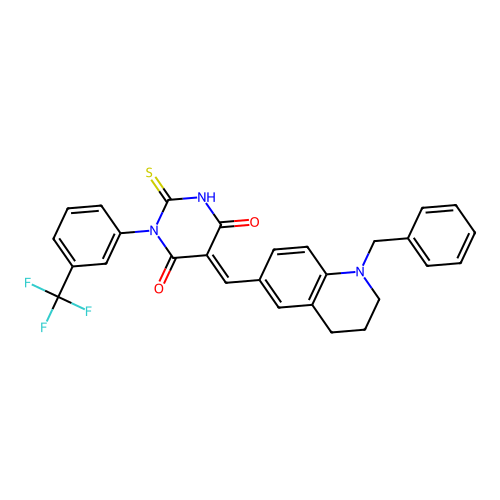 (5E)-5-[(1-benzyl-1,2,3,4-tetrahydroquinolin-6-yl)methylidene]-2-sulfanyl-1-[3-(trifluoromethyl)phenyl]pyrimidine-4,6(1H,5H)-dione structure