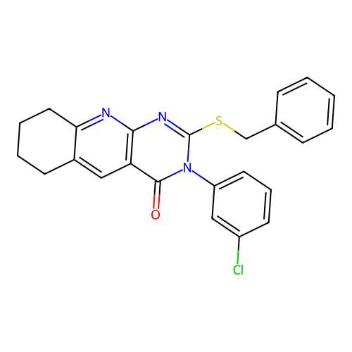 2-(benzylthio)-3-(3-chlorophenyl)-6,7,8,9-tetrahydropyrimido[4,5-b]quinolin-4(3H)-one structure