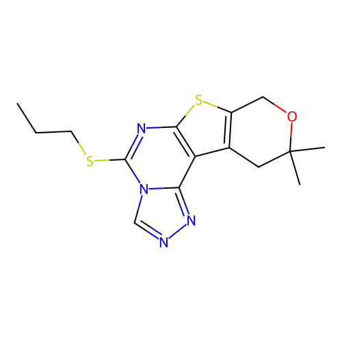 10,10-dimethyl-5-(propylsulfanyl)-10,11-dihydro-8H-pyrano[4',3':4,5]thieno[3,2-e][1,2,4]triazolo[4,3-c]pyrimidine structure