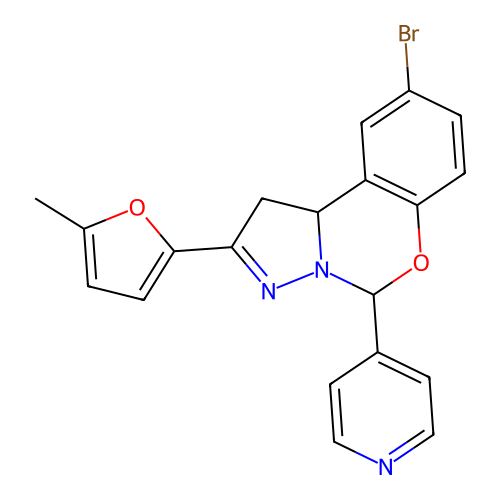 9-bromo-2-(5-methylfuran-2-yl)-5-(pyridin-4-yl)-1,10b-dihydropyrazolo[1,5-c][1,3]benzoxazine structure